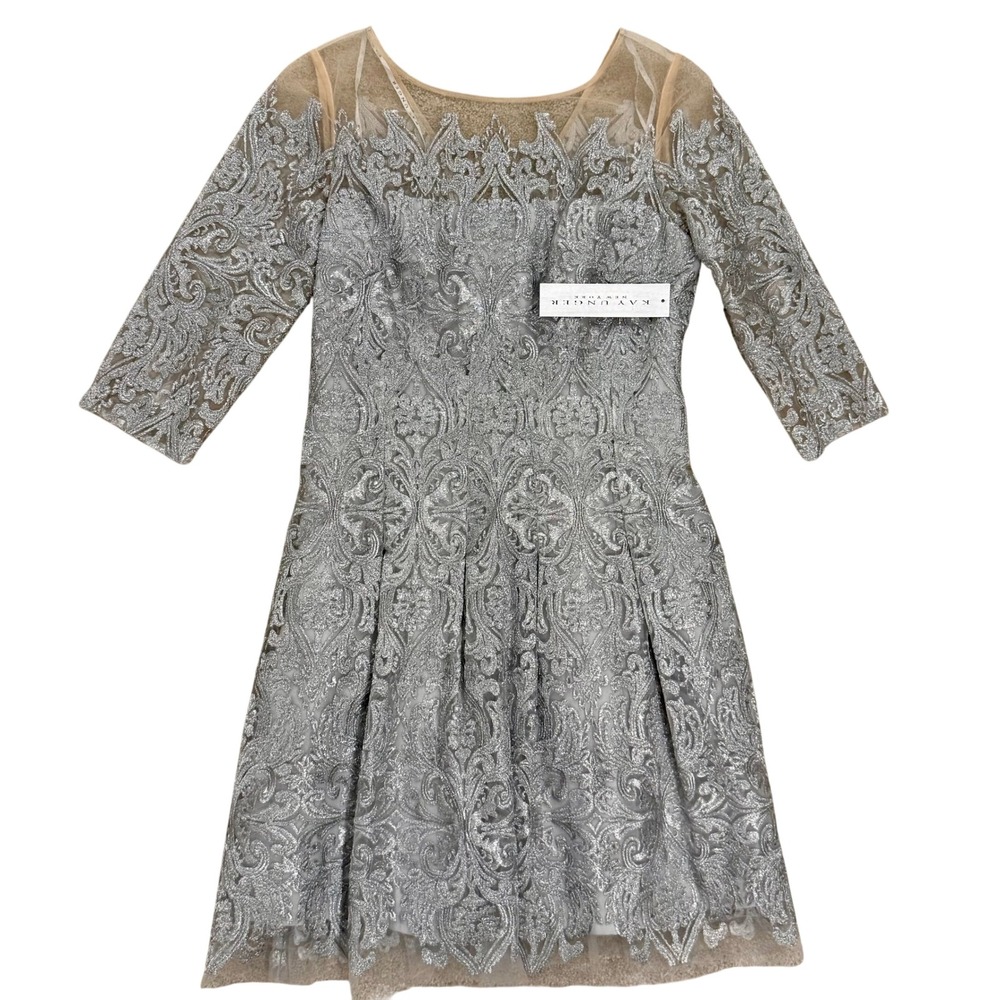 Kay Unger Cocktail Dress Womens 8 Silver NEW Embroidered Party Holiday Formal